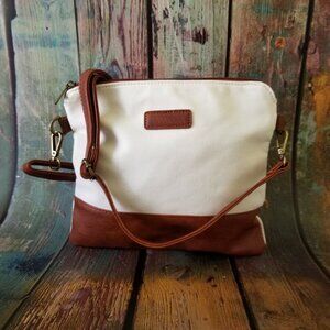 NEW! Ivory Canvas & Brown Faux Leather Bag with Adjustable Strap